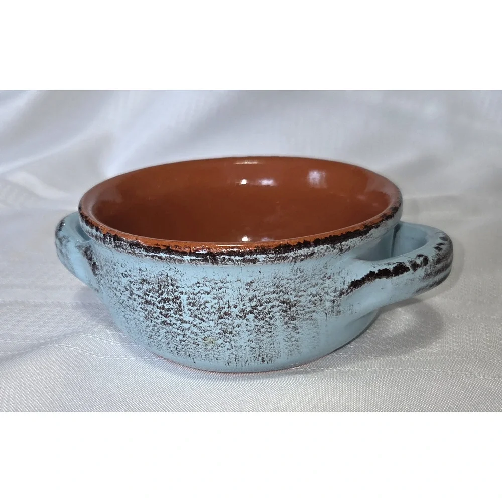De Silva Terracotta Soup Bowl Blue Orange Handles Italy